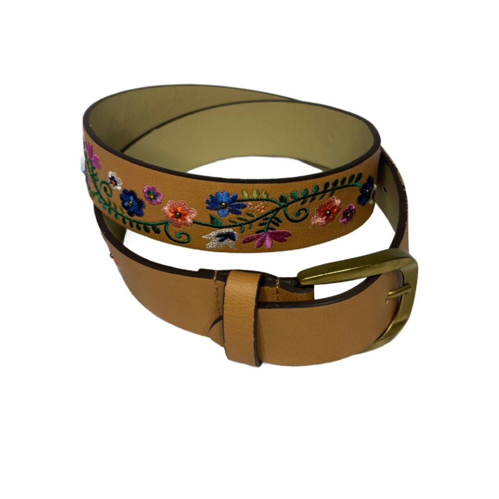 NWOT Embroidered Floral Belt, Tan Brown Women's Sz S